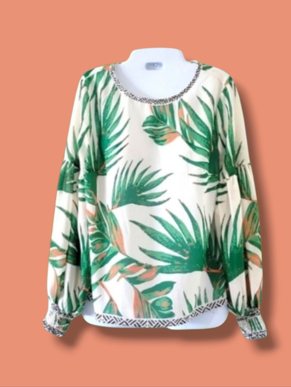 Jealous Tomato | EUC Ivory/Green Boho Tropical Long Sleeve Top (SIZE S)
